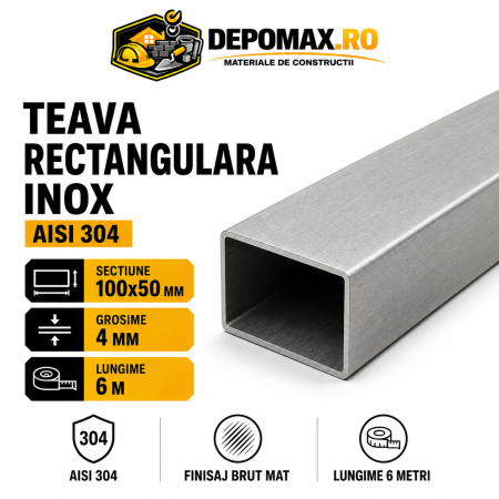 Teava rectangulara inox AISI 304, 100 x 50 x 4 mm, 6 metri